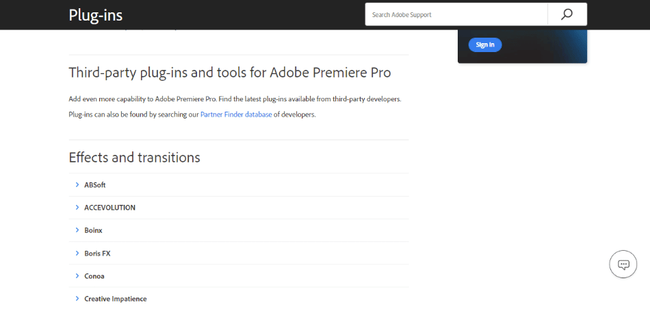 Plugins Premiere sur le site web d'Adobe 1