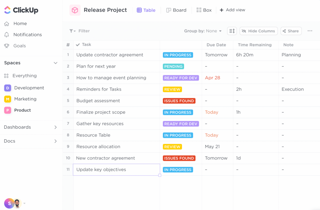 Vue tableau dans ClickUp