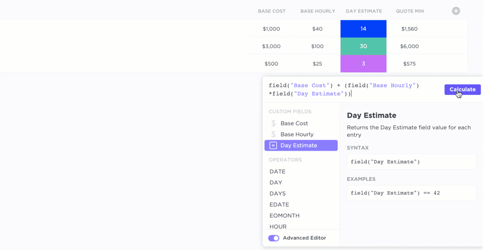 Formules avancées dans les champs personnalisés ClickUp