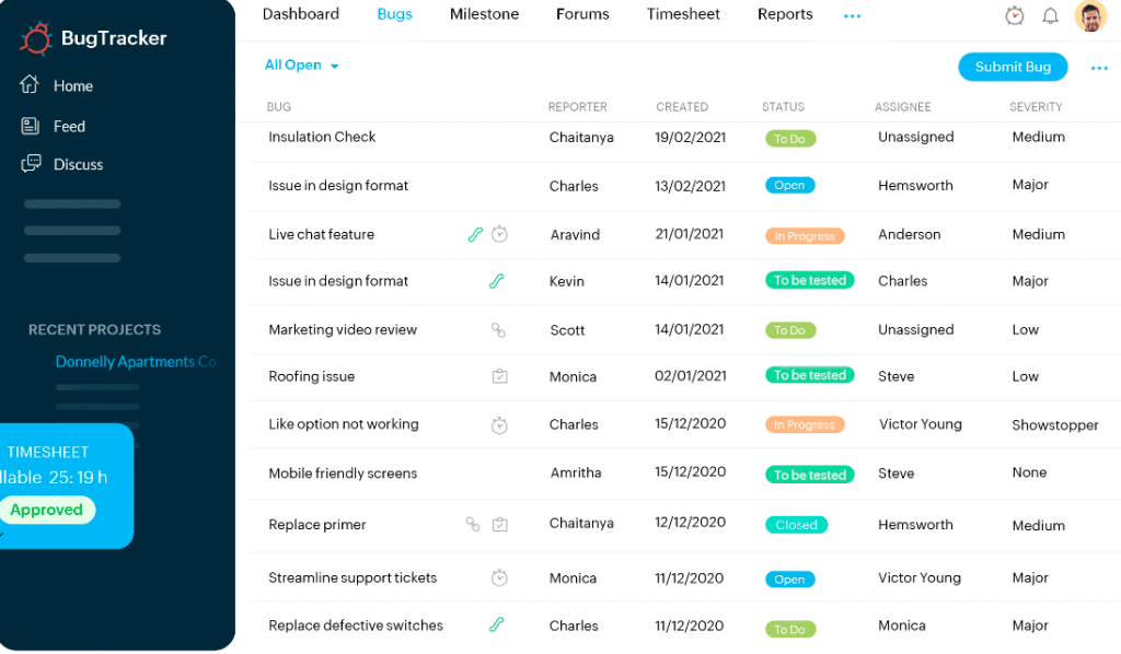 Exemple d'outil de suivi des bugs de Zoho